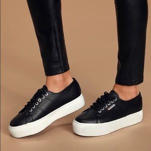 Superga- Leather Black Platform Shoes (size: 40)